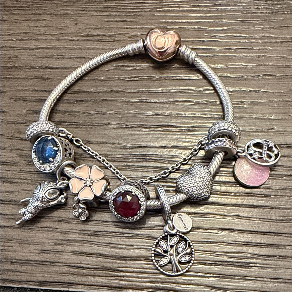 Pandora Elegant Silver Charm Bracelet with Blue and Red Accents